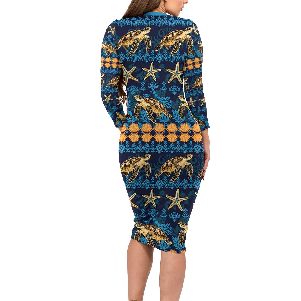 Hawaii Turtles Starfish Unique Pattern Family Matching Long Sleeve Bodycon Dress and Hawaiian Shirt LT01 - Polynesian Pride