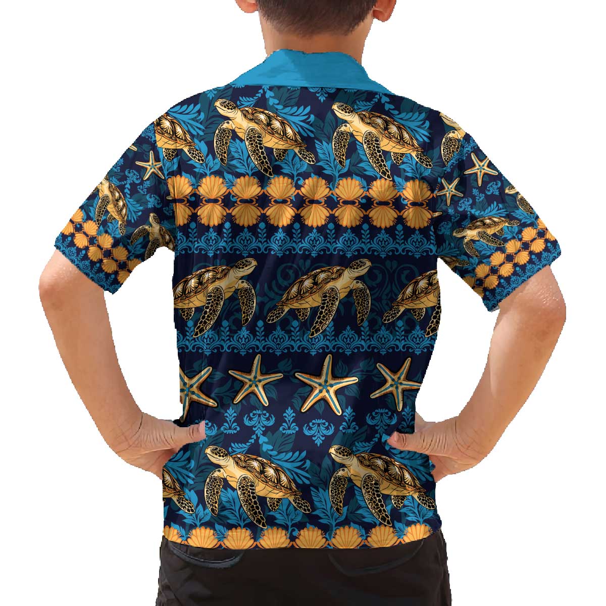 Hawaii Turtles Starfish Unique Pattern Family Matching Off The Shoulder Long Sleeve Dress and Hawaiian Shirt LT01 - Polynesian Pride