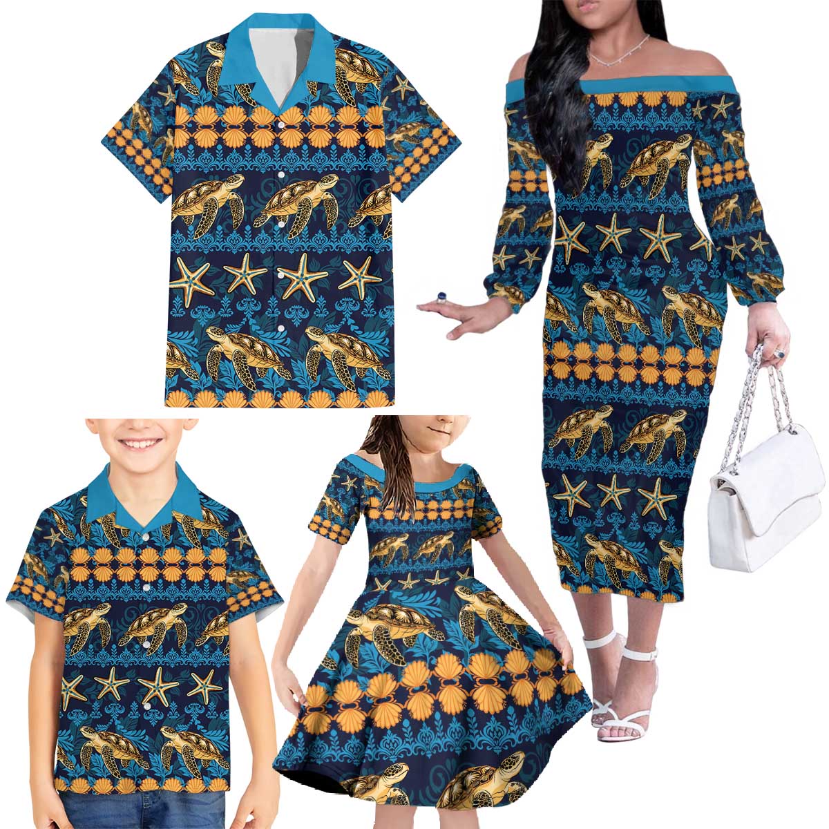 Hawaii Turtles Starfish Unique Pattern Family Matching Off The Shoulder Long Sleeve Dress and Hawaiian Shirt LT01 - Polynesian Pride
