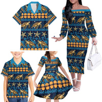Hawaii Turtles Starfish Unique Pattern Family Matching Off The Shoulder Long Sleeve Dress and Hawaiian Shirt LT01 - Polynesian Pride
