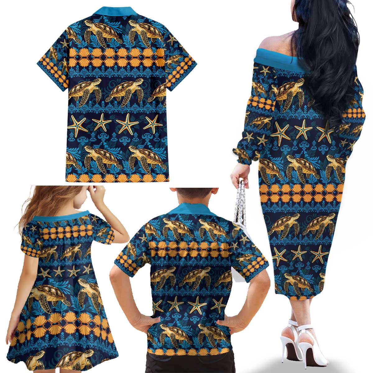 Hawaii Turtles Starfish Unique Pattern Family Matching Off The Shoulder Long Sleeve Dress and Hawaiian Shirt LT01 - Polynesian Pride