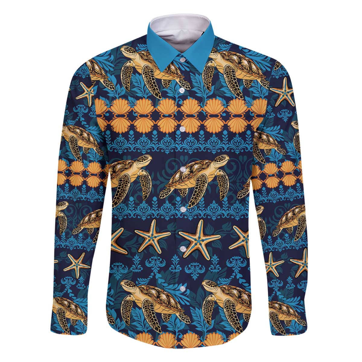 Hawaii Turtles Starfish Unique Pattern Family Matching Off The Shoulder Long Sleeve Dress and Hawaiian Shirt LT01 Dad's Shirt - Long Sleeve Blue - Polynesian Pride