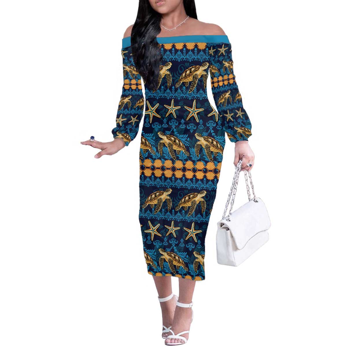 Hawaii Turtles Starfish Unique Pattern Family Matching Off The Shoulder Long Sleeve Dress and Hawaiian Shirt LT01 Mom's Dress Blue - Polynesian Pride