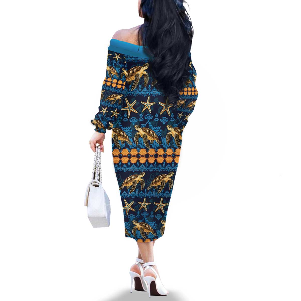 Hawaii Turtles Starfish Unique Pattern Family Matching Off The Shoulder Long Sleeve Dress and Hawaiian Shirt LT01 - Polynesian Pride