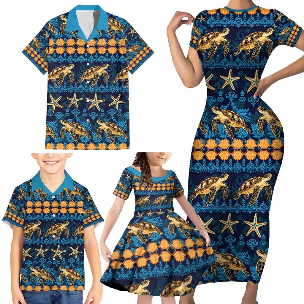 Hawaii Turtles Starfish Unique Pattern Family Matching Short Sleeve Bodycon Dress and Hawaiian Shirt LT01 - Polynesian Pride
