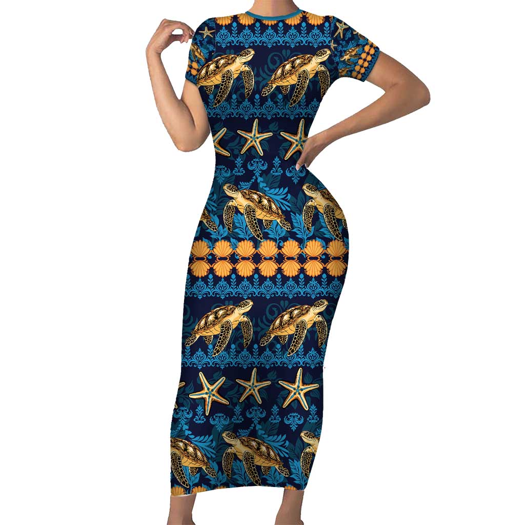 Hawaii Turtles Starfish Unique Pattern Family Matching Short Sleeve Bodycon Dress and Hawaiian Shirt LT01 Mom's Dress Blue - Polynesian Pride
