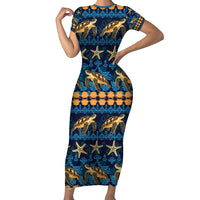 Hawaii Turtles Starfish Unique Pattern Family Matching Short Sleeve Bodycon Dress and Hawaiian Shirt LT01 Mom's Dress Blue - Polynesian Pride