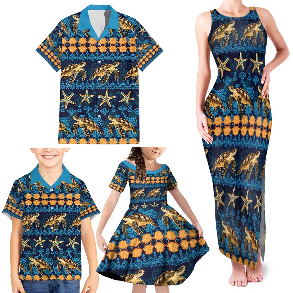 Hawaii Turtles Starfish Unique Pattern Family Matching Tank Maxi Dress and Hawaiian Shirt - Polynesian Pride