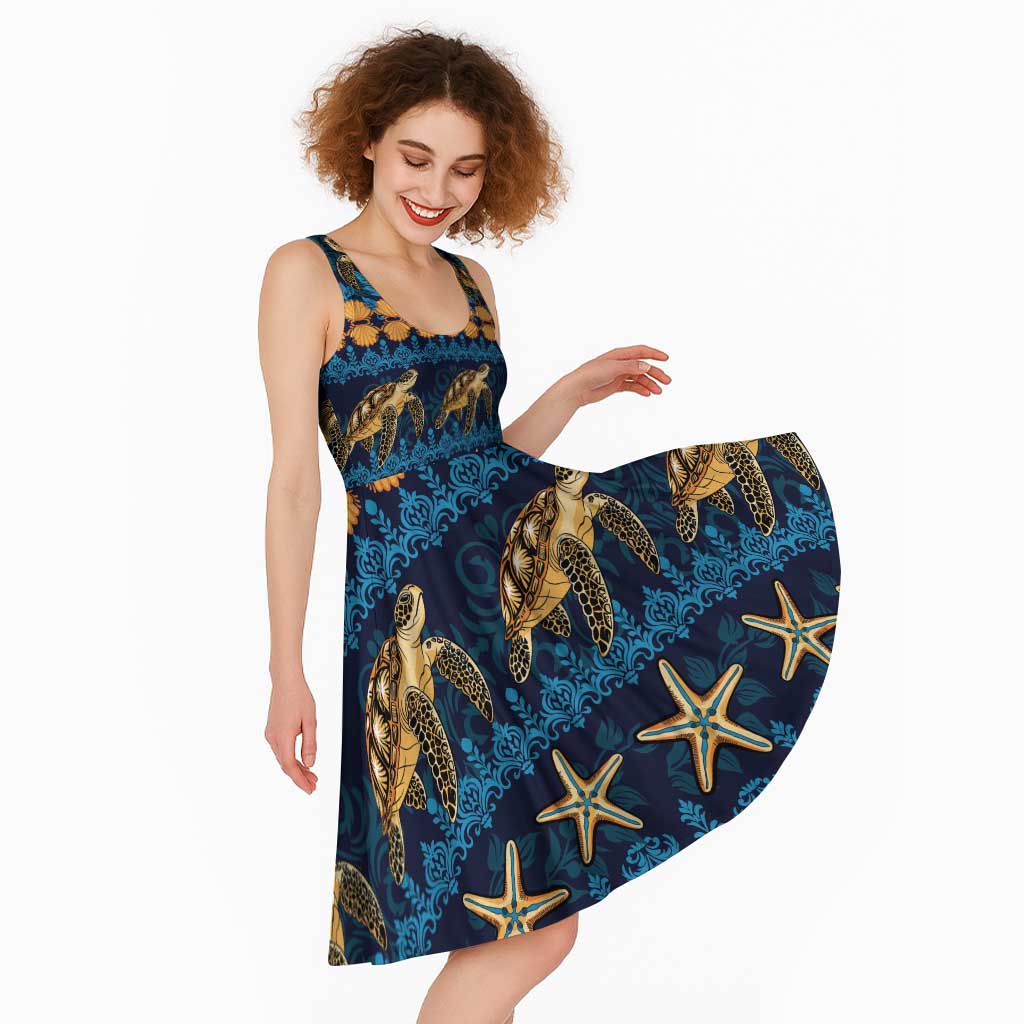Hawaii Turtles Starfish Unique Pattern Midi Dress - Polynesian Pride