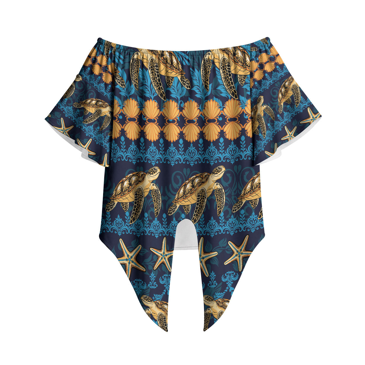 Hawaii Turtles Starfish Unique Pattern Off Shoulder Wrap Waist Top LT01 Blue - Polynesian Pride