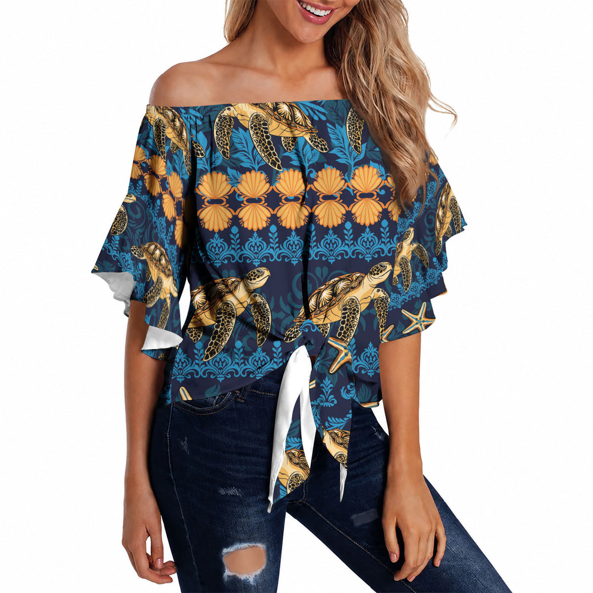 Hawaii Turtles Starfish Unique Pattern Off Shoulder Wrap Waist Top LT01 - Polynesian Pride