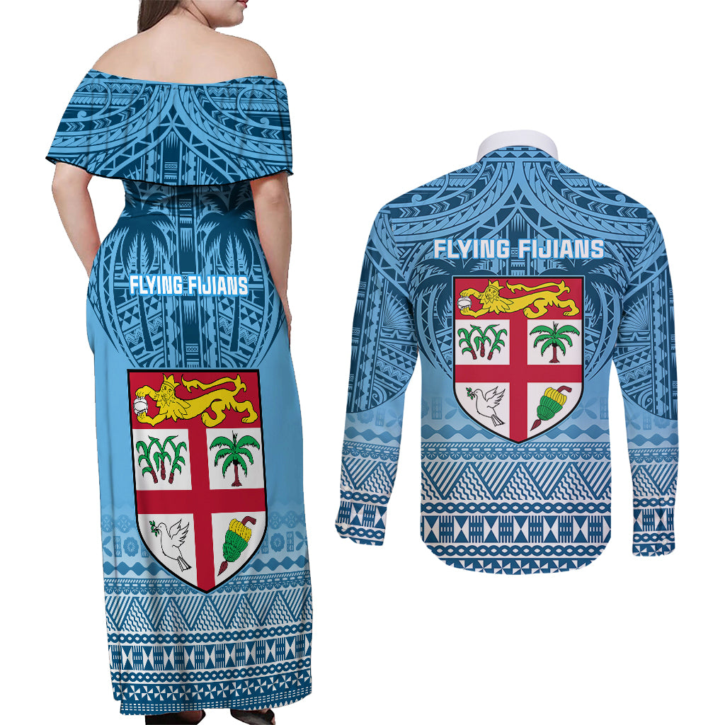 Fiji Rugby Couples Matching Off Shoulder Maxi Dress and Long Sleeve Button Shirts Fijian Go 2023 World Cup LT01 - Polynesian Pride