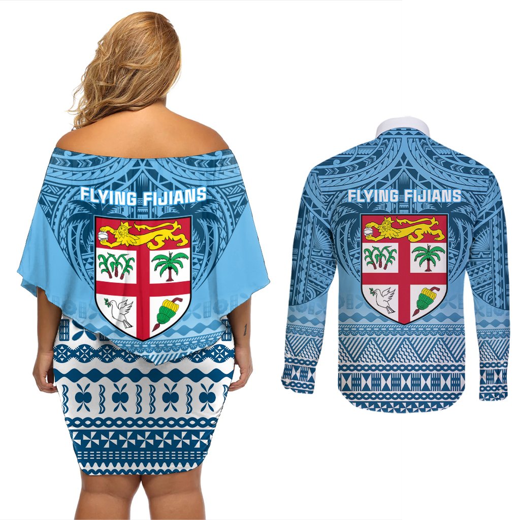 Fiji Rugby Couples Matching Off Shoulder Short Dress and Long Sleeve Button Shirts Fijian Go 2023 World Cup LT01 - Polynesian Pride