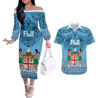 Fiji Rugby Couples Matching Off The Shoulder Long Sleeve Dress and Hawaiian Shirt Fijian Go 2023 World Cup LT01 Blue - Polynesian Pride