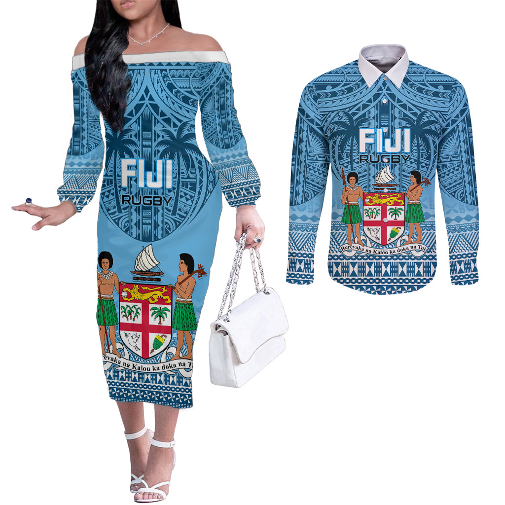 Fiji Rugby Couples Matching Off The Shoulder Long Sleeve Dress and Long Sleeve Button Shirts Fijian Go 2023 World Cup LT01 Blue - Polynesian Pride