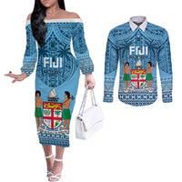 Fiji Rugby Couples Matching Off The Shoulder Long Sleeve Dress and Long Sleeve Button Shirts Fijian Go 2023 World Cup LT01 Blue - Polynesian Pride