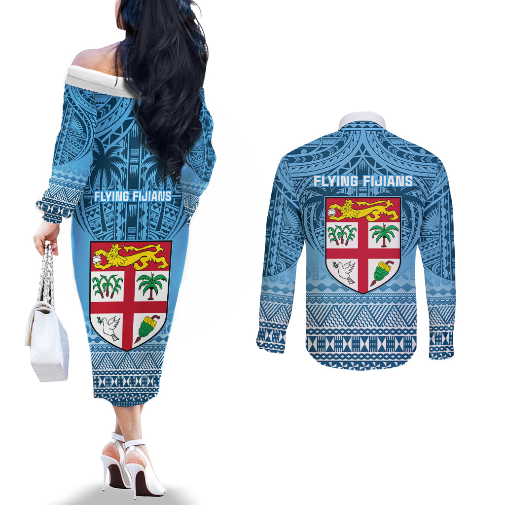 Fiji Rugby Couples Matching Off The Shoulder Long Sleeve Dress and Long Sleeve Button Shirts Fijian Go 2023 World Cup LT01 - Polynesian Pride