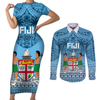 Fiji Rugby Couples Matching Short Sleeve Bodycon Dress and Long Sleeve Button Shirts Fijian Go 2023 World Cup LT01 Blue - Polynesian Pride