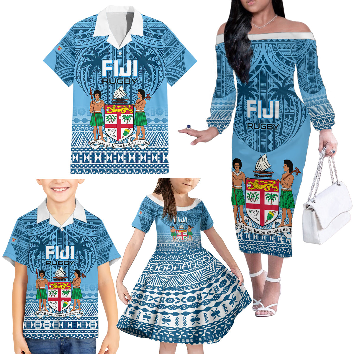 Fiji Rugby Family Matching Off Shoulder Long Sleeve Dress and Hawaiian Shirt Fijian Go 2023 World Cup LT01 - Polynesian Pride