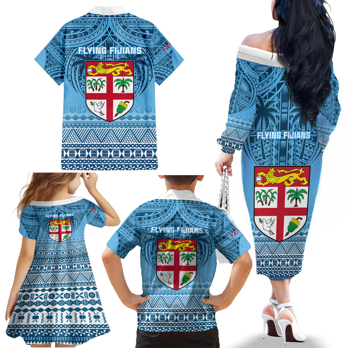 Fiji Rugby Family Matching Off Shoulder Long Sleeve Dress and Hawaiian Shirt Fijian Go 2023 World Cup LT01 - Polynesian Pride