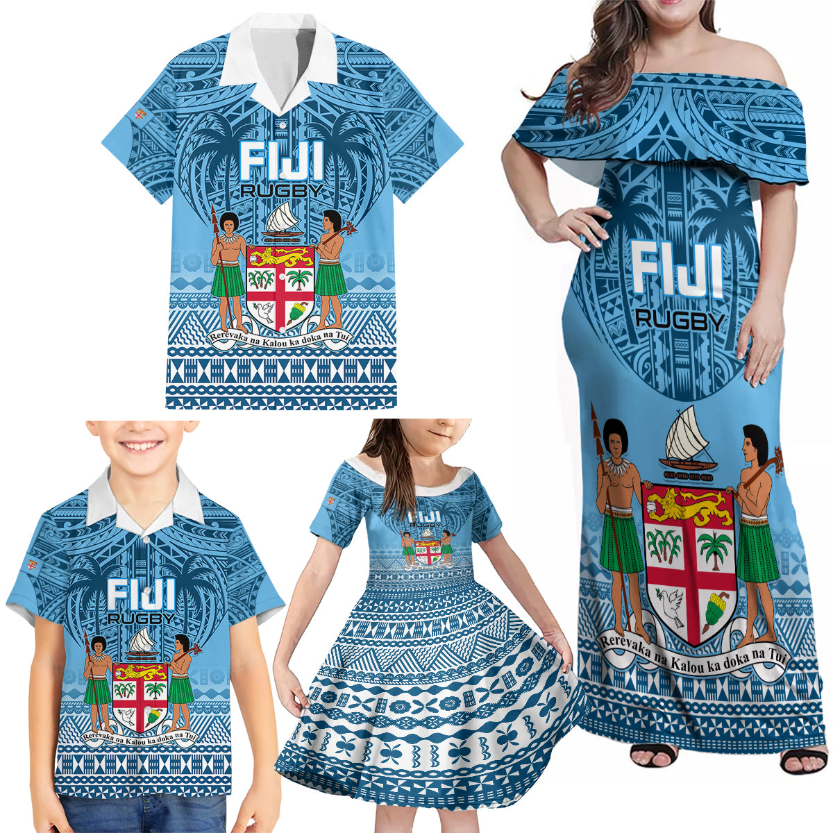 Fiji Rugby Family Matching Off Shoulder Maxi Dress and Hawaiian Shirt Fijian Go 2023 World Cup LT01 - Polynesian Pride