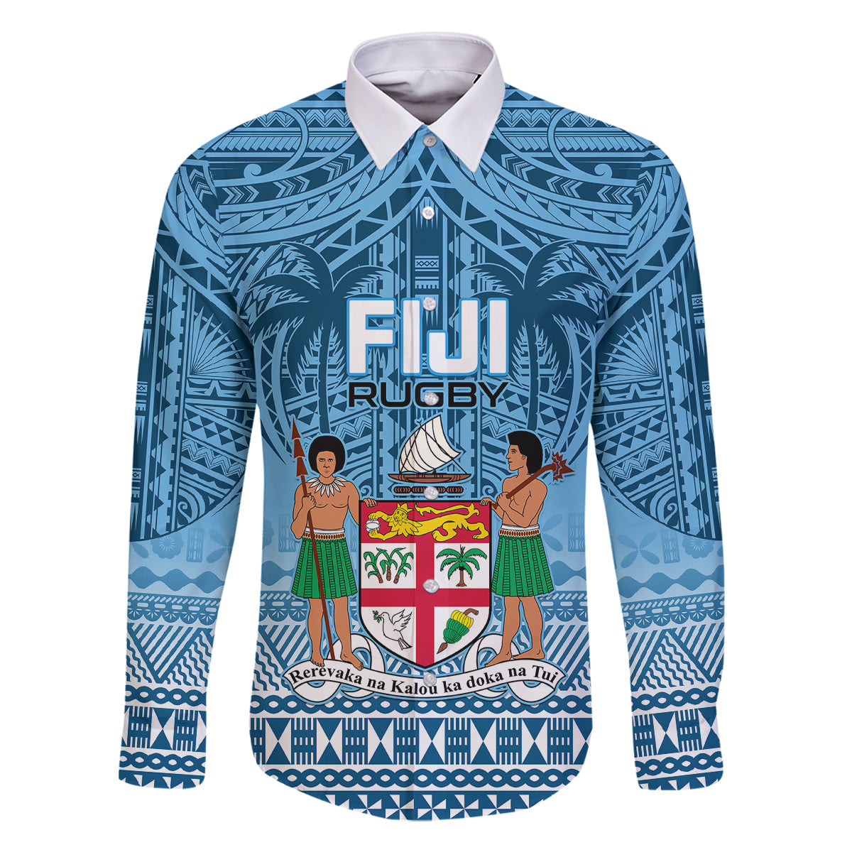 Fiji Rugby Family Matching Off Shoulder Maxi Dress and Hawaiian Shirt Fijian Go 2023 World Cup LT01 Dad's Shirt - Long Sleeve Blue - Polynesian Pride