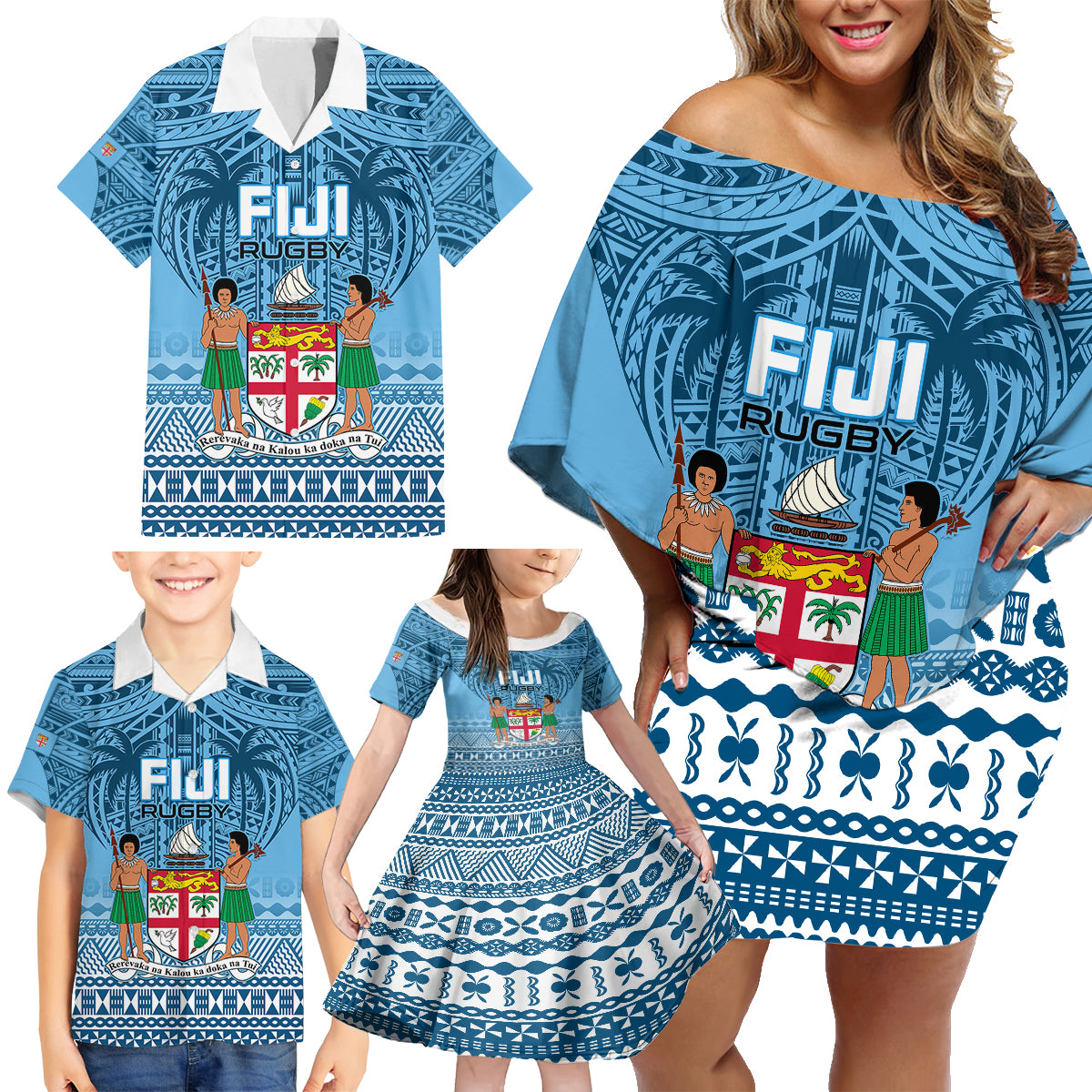 Fiji Rugby Family Matching Off Shoulder Short Dress and Hawaiian Shirt Fijian Go 2023 World Cup LT01 - Polynesian Pride