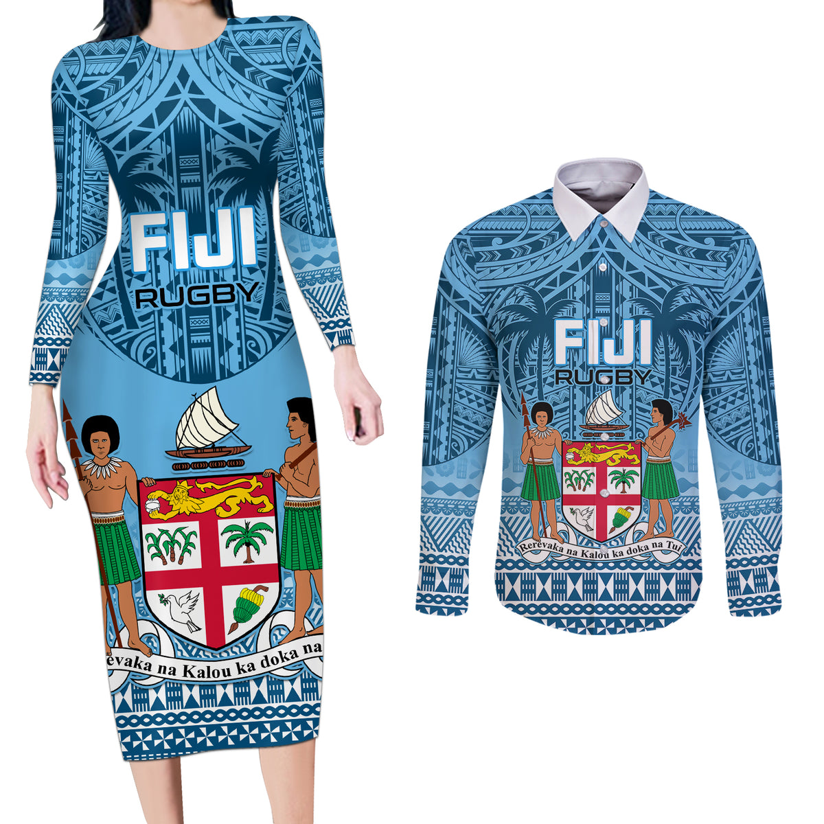 Custom Fiji Rugby Couples Matching Long Sleeve Bodycon Dress and Long Sleeve Button Shirts Fijian Go 2023 World Cup LT01 Blue - Polynesian Pride