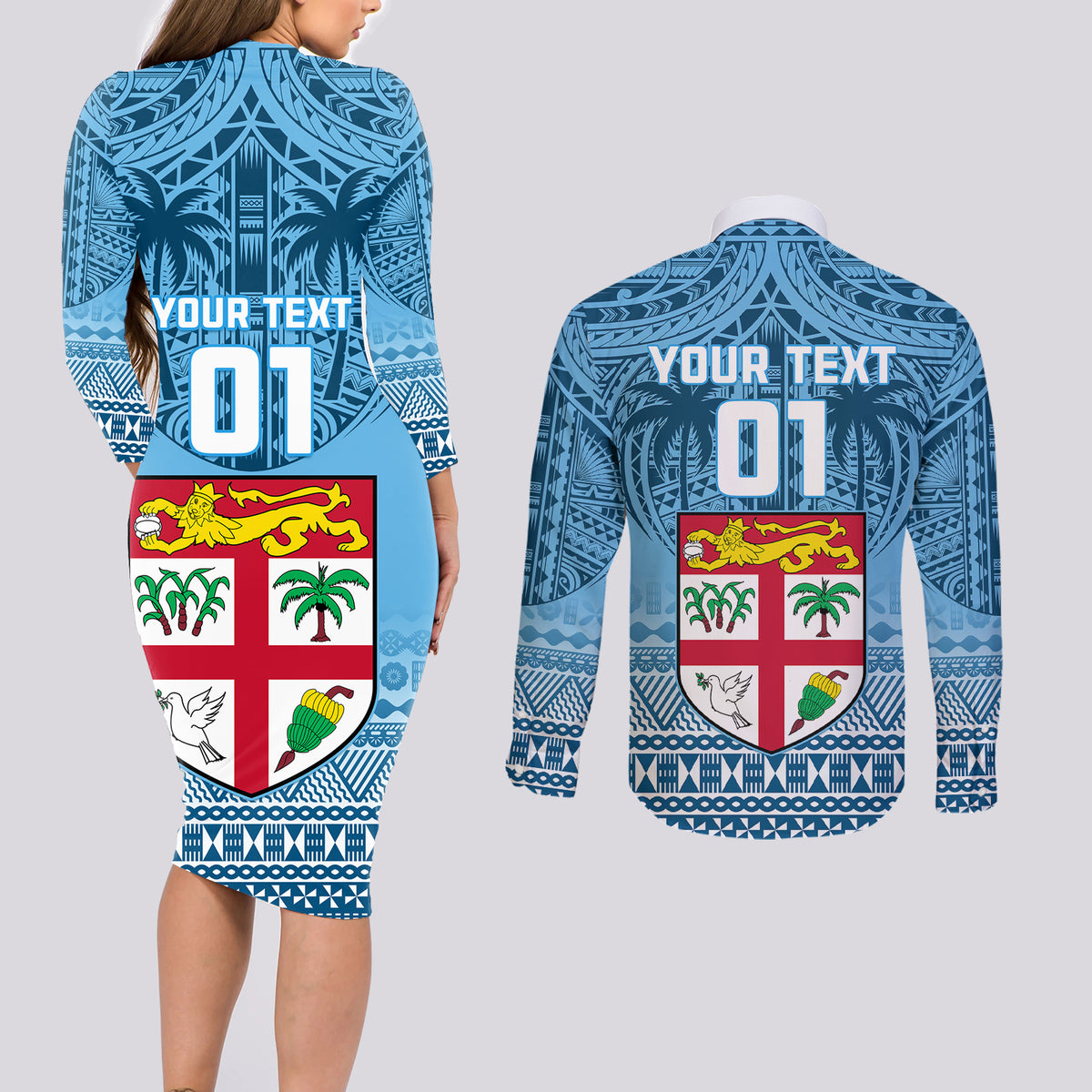 Custom Fiji Rugby Couples Matching Long Sleeve Bodycon Dress and Long Sleeve Button Shirts Fijian Go 2023 World Cup LT01 - Polynesian Pride