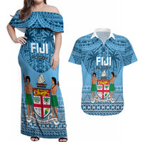 Custom Fiji Rugby Couples Matching Off Shoulder Maxi Dress and Hawaiian Shirt Fijian Go 2023 World Cup LT01 Blue - Polynesian Pride