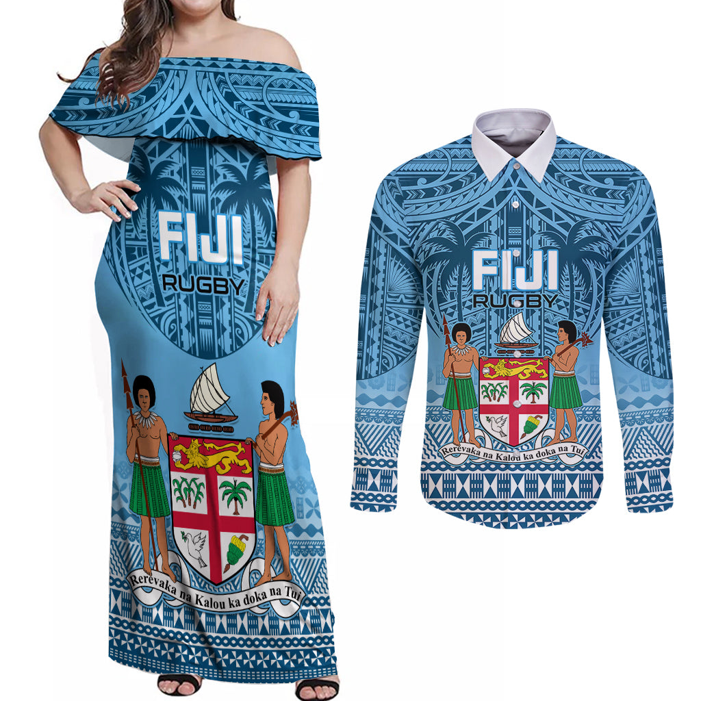 Custom Fiji Rugby Couples Matching Off Shoulder Maxi Dress and Long Sleeve Button Shirts Fijian Go 2023 World Cup LT01 Blue - Polynesian Pride