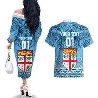 Custom Fiji Rugby Couples Matching Off The Shoulder Long Sleeve Dress and Hawaiian Shirt Fijian Go 2023 World Cup LT01 - Polynesian Pride