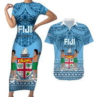 Custom Fiji Rugby Couples Matching Short Sleeve Bodycon Dress and Hawaiian Shirt Fijian Go 2023 World Cup LT01 Blue - Polynesian Pride