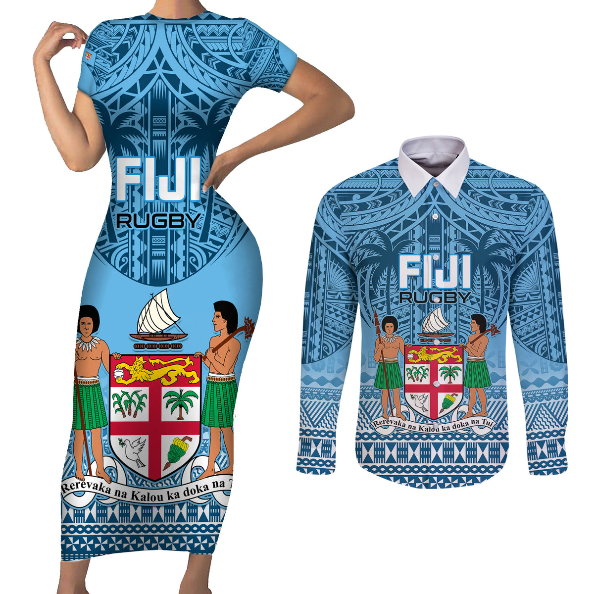 Custom Fiji Rugby Couples Matching Short Sleeve Bodycon Dress and Long Sleeve Button Shirts Fijian Go 2023 World Cup LT01 Blue - Polynesian Pride