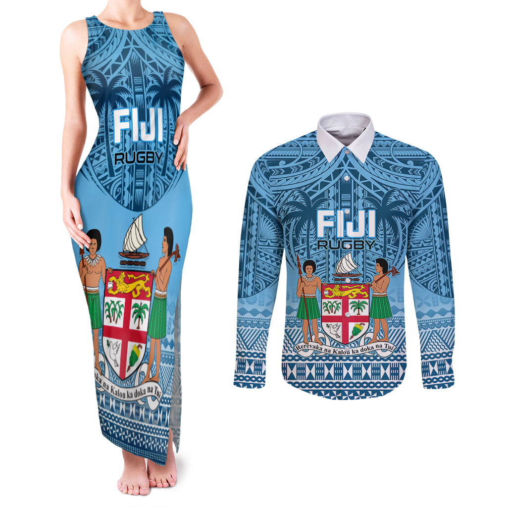Custom Fiji Rugby Couples Matching Tank Maxi Dress and Long Sleeve Button Shirts Fijian Go 2023 World Cup LT01 Blue - Polynesian Pride