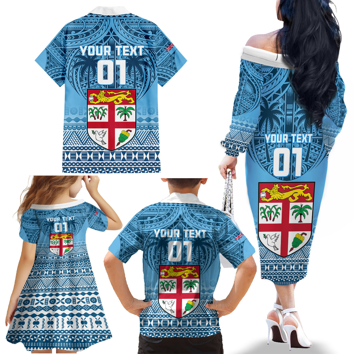 Custom Fiji Rugby Family Matching Off Shoulder Long Sleeve Dress and Hawaiian Shirt Fijian Go 2023 World Cup LT01 - Polynesian Pride