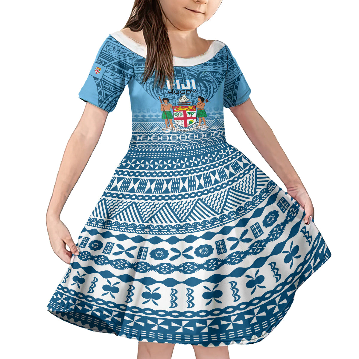 Custom Fiji Rugby Family Matching Off Shoulder Maxi Dress and Hawaiian Shirt Fijian Go 2023 World Cup LT01 Daughter's Dress Blue - Polynesian Pride