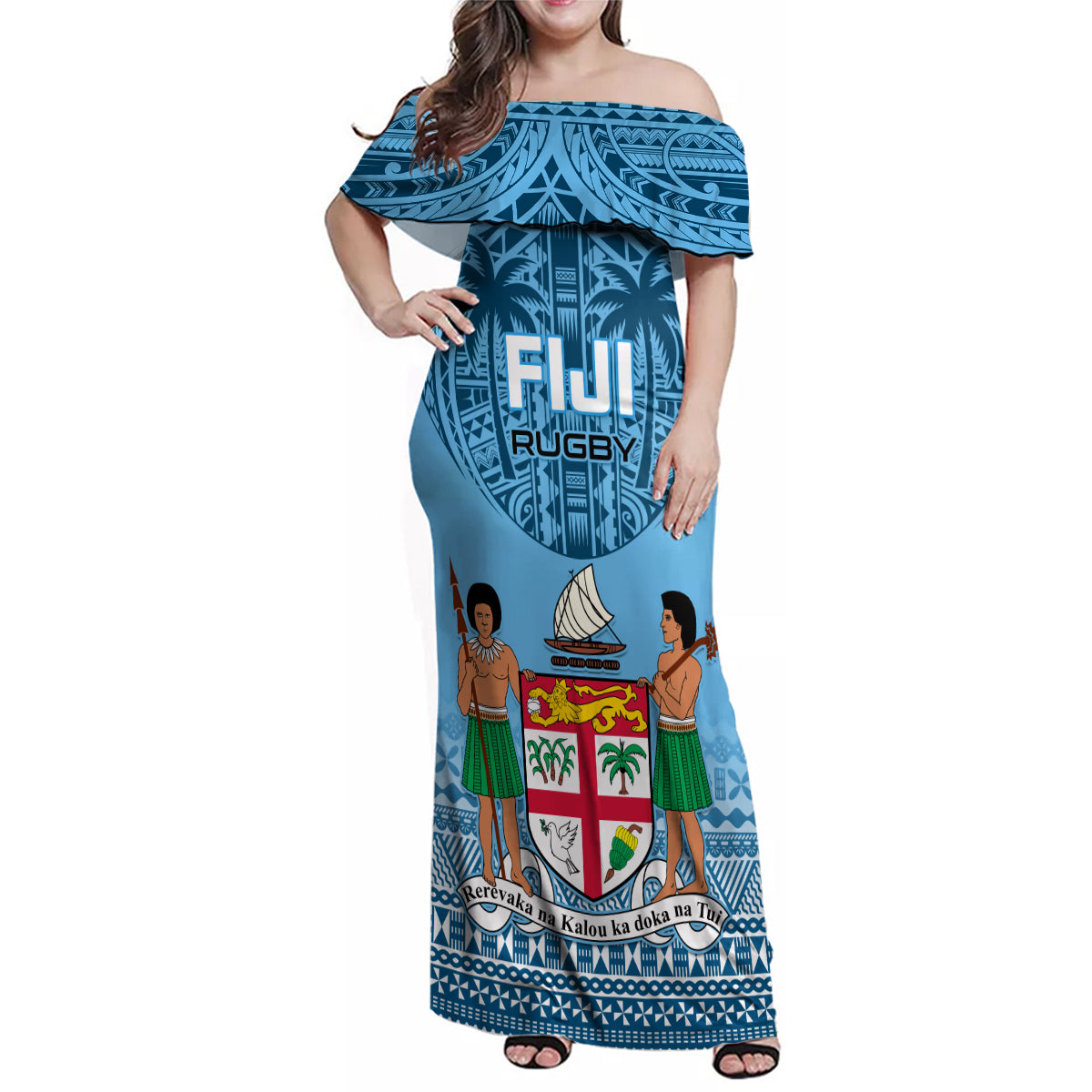 Custom Fiji Rugby Family Matching Off Shoulder Maxi Dress and Hawaiian Shirt Fijian Go 2023 World Cup LT01 Mom's Dress Blue - Polynesian Pride
