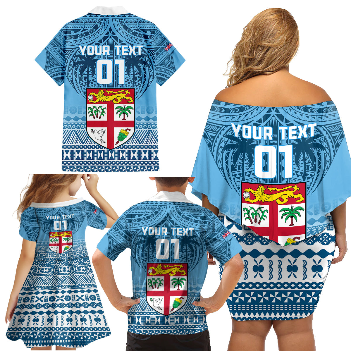 Custom Fiji Rugby Family Matching Off Shoulder Short Dress and Hawaiian Shirt Fijian Go 2023 World Cup LT01 - Polynesian Pride