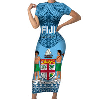 Custom Fiji Rugby Family Matching Short Sleeve Bodycon Dress and Hawaiian Shirt Fijian Go 2023 World Cup LT01 Mom's Dress Blue - Polynesian Pride