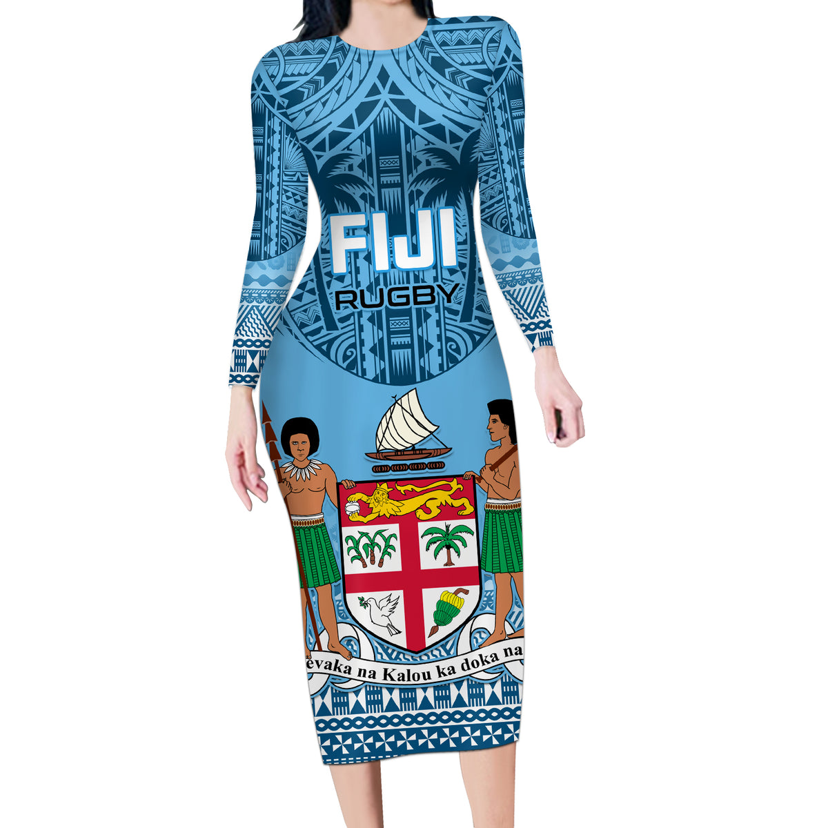 Custom Fiji Rugby Long Sleeve Bodycon Dress Fijian Go 2023 World Cup LT01 Long Dress Blue - Polynesian Pride