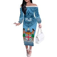 Custom Fiji Rugby Off The Shoulder Long Sleeve Dress Fijian Go 2023 World Cup LT01 Women Blue - Polynesian Pride
