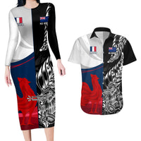 Custom New Zealand And France Rugby Couples Matching Long Sleeve Bodycon Dress and Hawaiian Shirt XV de France Kiwi Silver Fern 2023 World Cup LT01 Black - Polynesian Pride