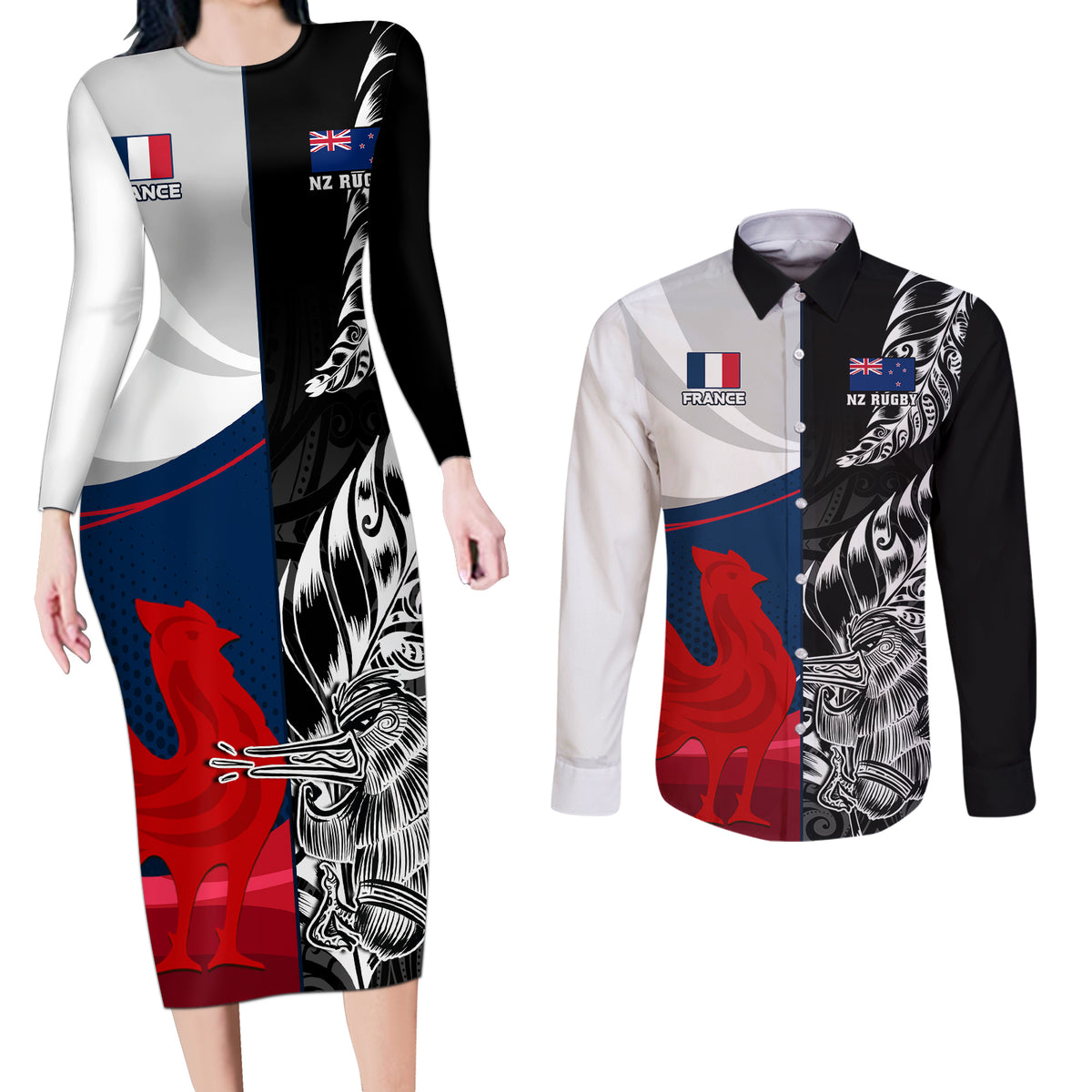Custom New Zealand And France Rugby Couples Matching Long Sleeve Bodycon Dress and Long Sleeve Button Shirts XV de France Kiwi Silver Fern 2023 World Cup LT01 Black - Polynesian Pride