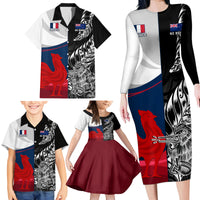 Custom New Zealand And France Rugby Family Matching Long Sleeve Bodycon Dress and Hawaiian Shirt XV de France Kiwi Silver Fern 2023 World Cup LT01 - Polynesian Pride