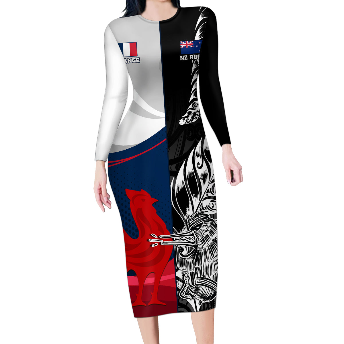 Custom New Zealand And France Rugby Family Matching Long Sleeve Bodycon Dress and Hawaiian Shirt XV de France Kiwi Silver Fern 2023 World Cup LT01 Mom's Dress Black - Polynesian Pride