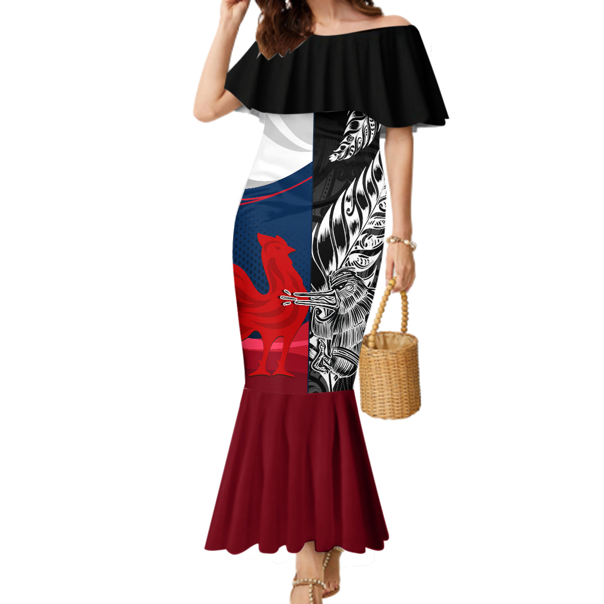 Custom New Zealand And France Rugby Family Matching Mermaid Dress and Hawaiian Shirt XV de France Kiwi Silver Fern 2023 World Cup LT01 Mom's Dress Black - Polynesian Pride