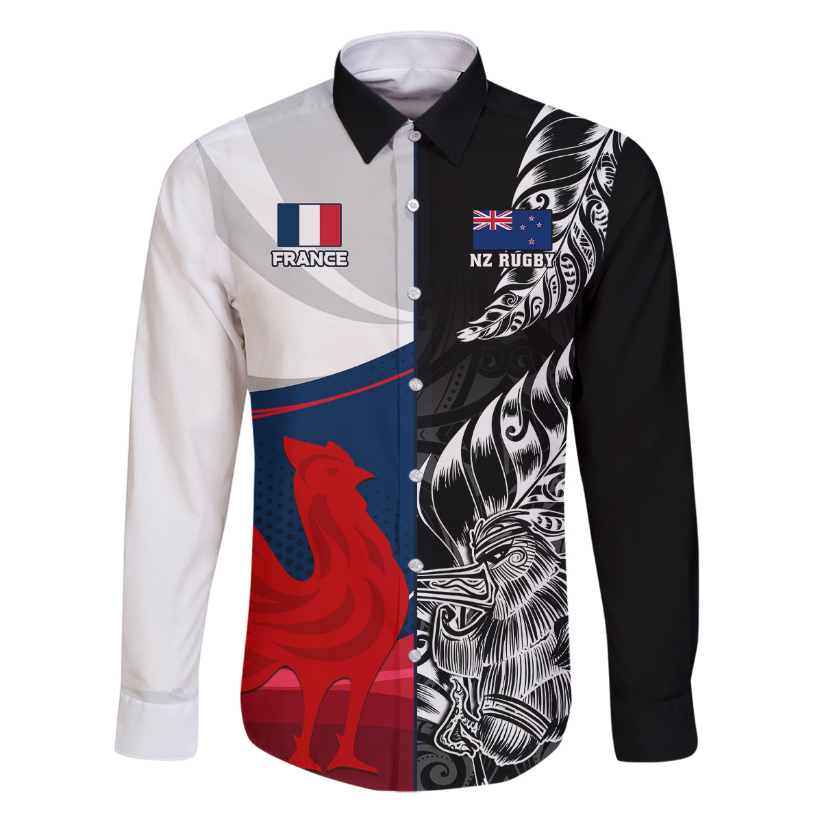 Custom New Zealand And France Rugby Family Matching Off Shoulder Long Sleeve Dress and Hawaiian Shirt XV de France Kiwi Silver Fern 2023 World Cup LT01 Dad's Shirt - Long Sleeve Black - Polynesian Pride