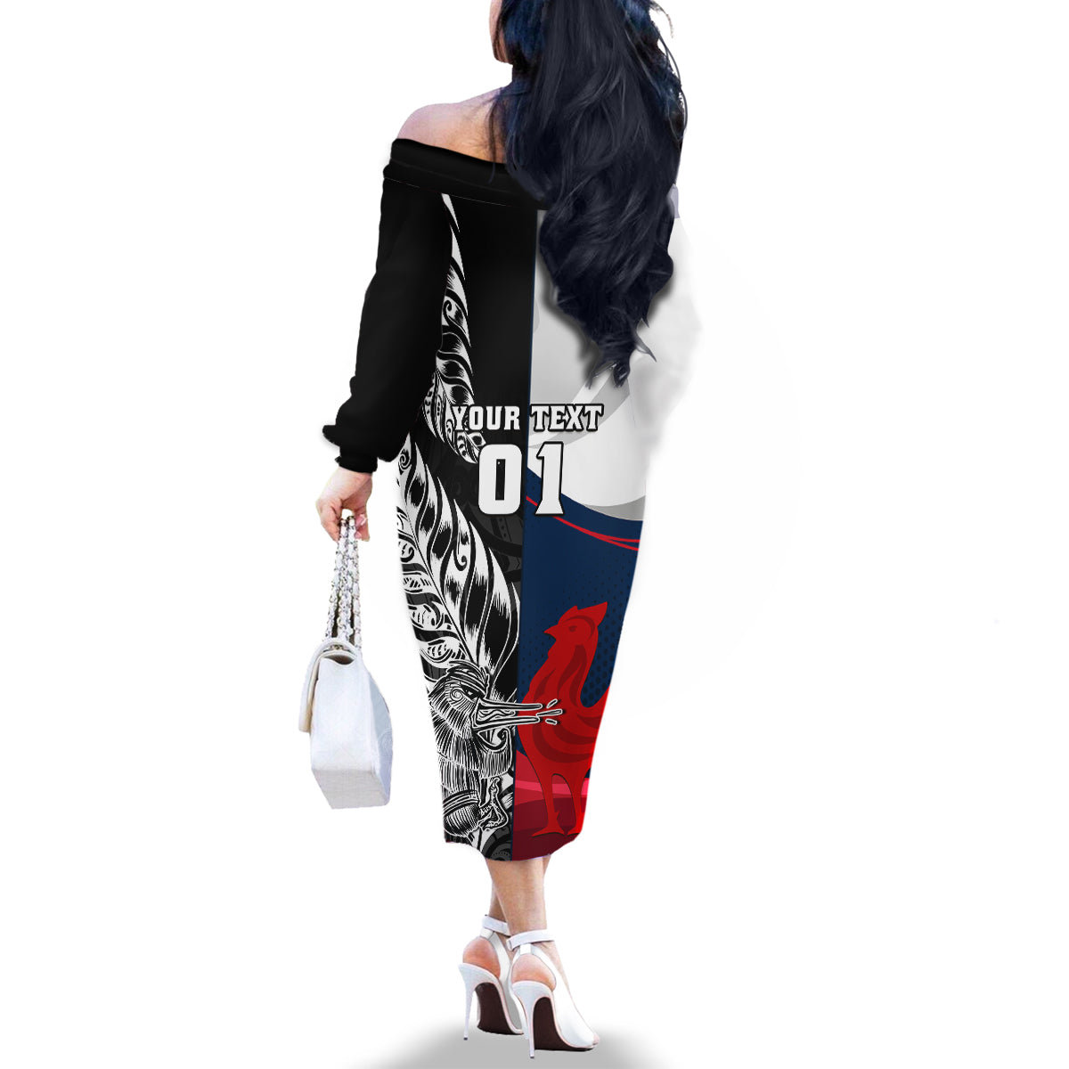 Custom New Zealand And France Rugby Family Matching Off Shoulder Long Sleeve Dress and Hawaiian Shirt XV de France Kiwi Silver Fern 2023 World Cup LT01 - Polynesian Pride