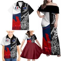 Custom New Zealand And France Rugby Family Matching Off Shoulder Maxi Dress and Hawaiian Shirt XV de France Kiwi Silver Fern 2023 World Cup LT01 - Polynesian Pride